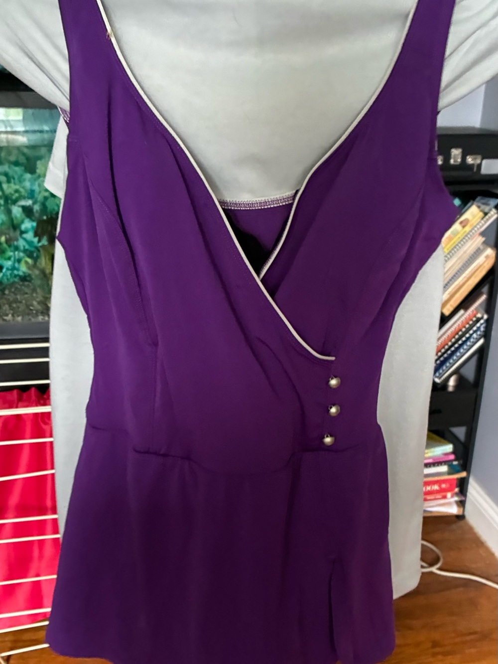 Purple One-Piece Swimdress with V-Neck Wrap and Button Accent